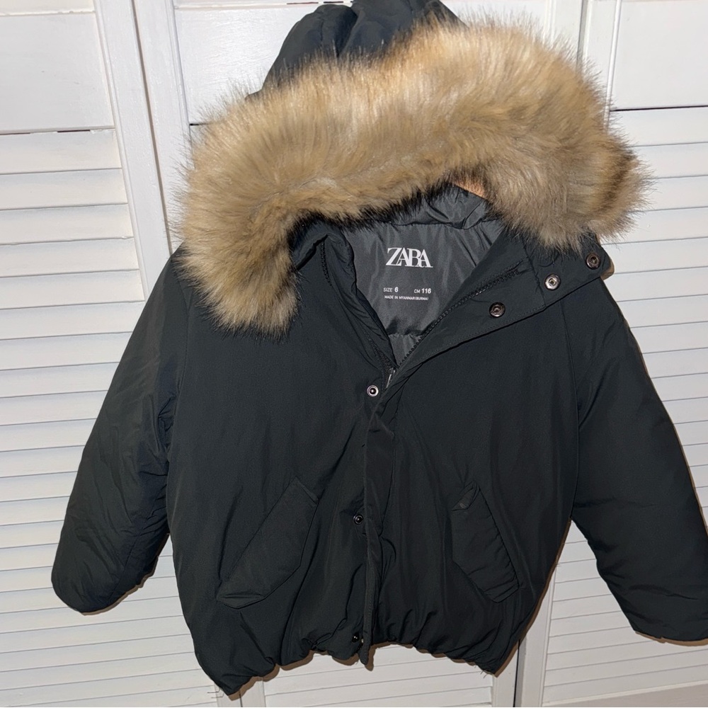 Zara Kids Black Puffer Coat with Tan Faux Fur
